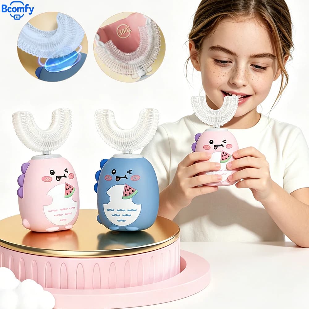 Kids Cartoon U-Shaped Electric Toothbrush 3 Modes Silicone Head Soft Clean Massage Gentle Gum Care Auto Toddler Oral Care Device