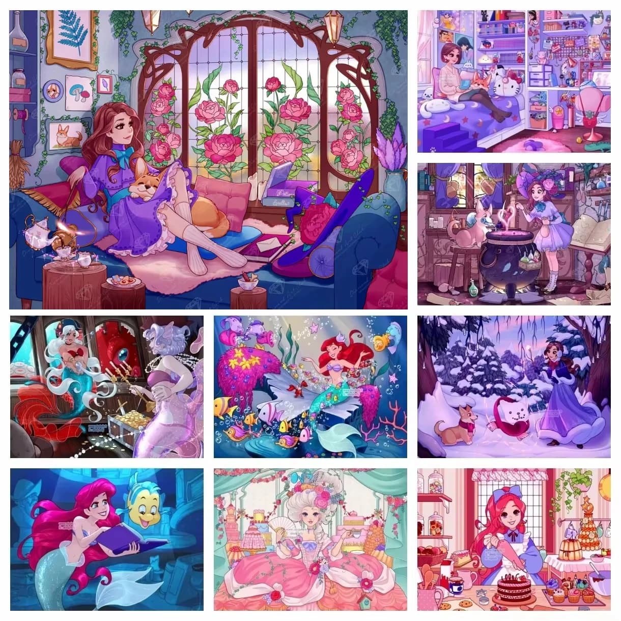 Kit Ricamo Punto Croce Completo 5D Fai da Te con Diamanti, Mosaico, Strega Magica, Principessa Cartone Animato, Decorazione Casa, Regali per Bambini