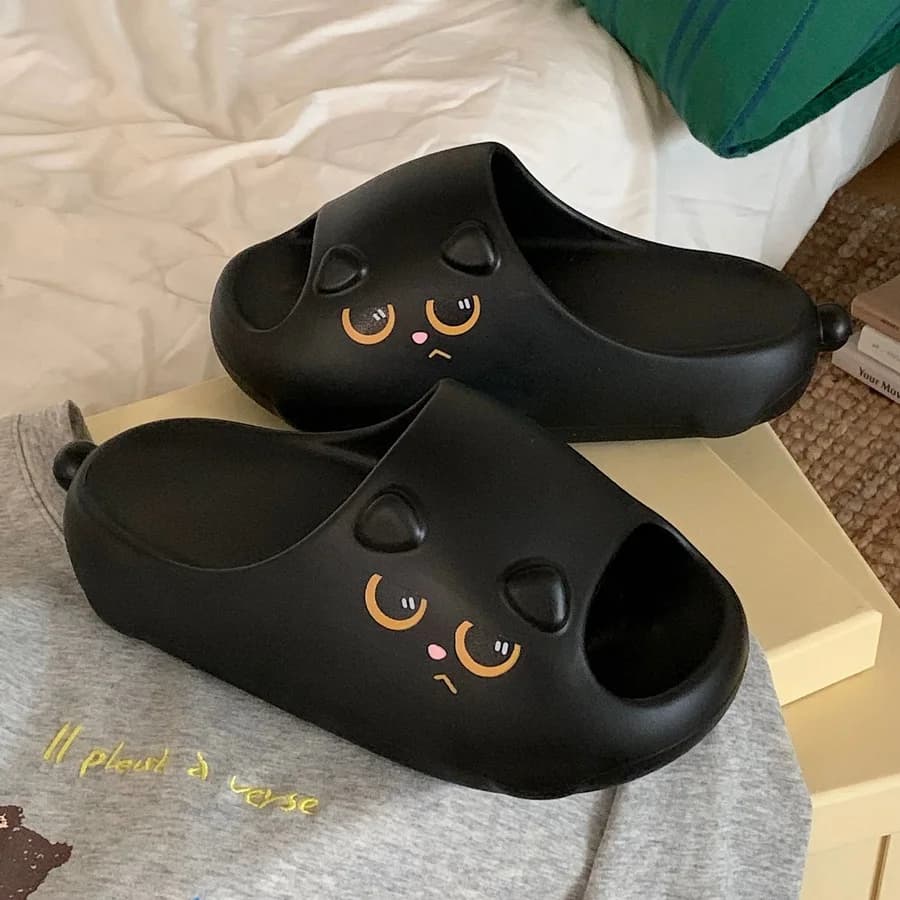New Women's Black Waist Ciabatte Summer with Plateau, Anti Scent, Anti-slip, House Shoes in Punta Aperta, Interior and Exterior slippers, Ciabatte Cat for Men