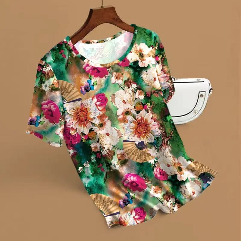 SYsYouthfully Summer 3d Fllower Printed Top Women Loose Short Sleeve T Shirts Ice Silk Polyester Casual Thin Outdoor Homewear