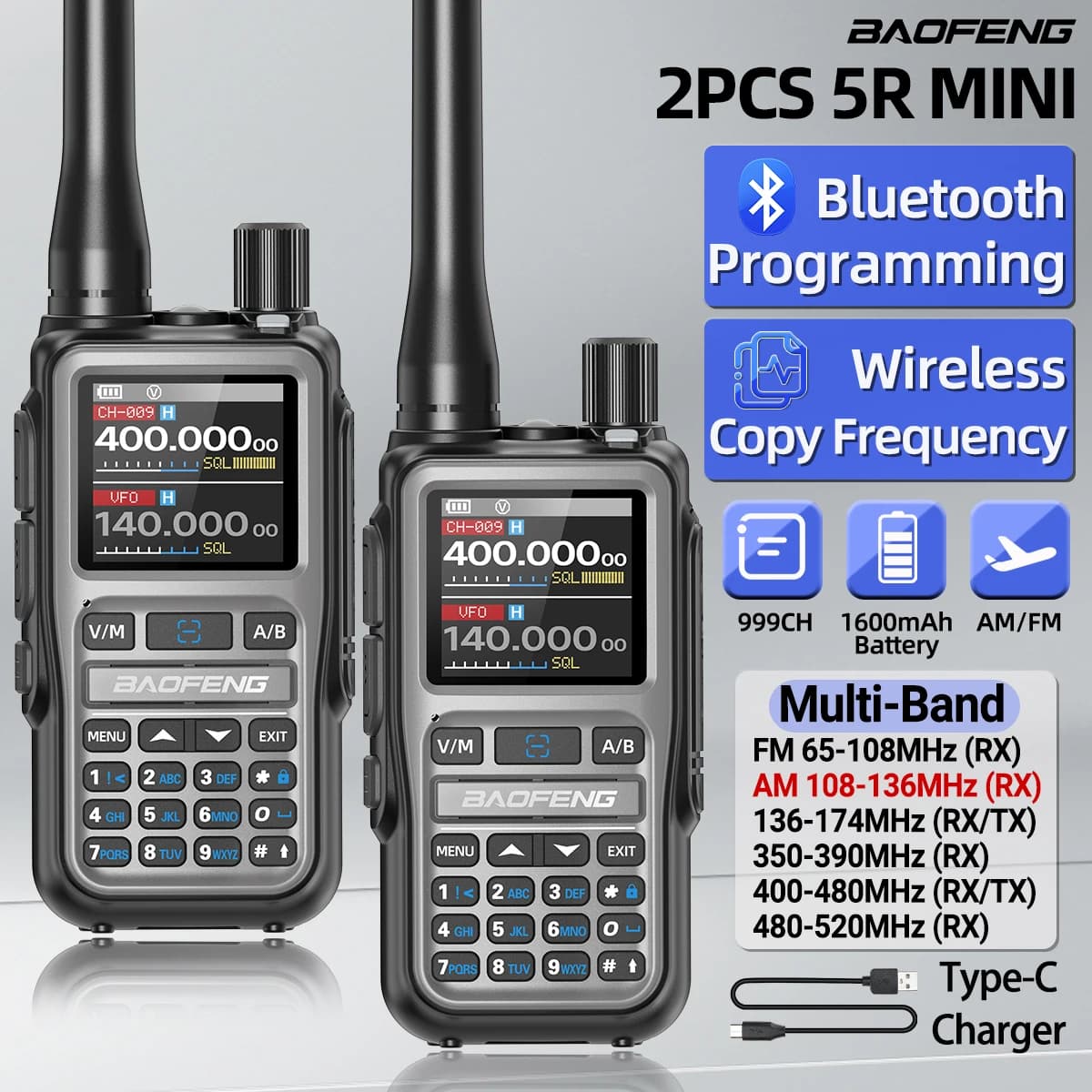 1/2PCS BAOFENG UV-5R Mini Walkie Talkie Bluetooth Programmazione Frequenza di Copia Wireless Banda Completa 999CH AM FM A Lungo Raggio Doppio PTT
