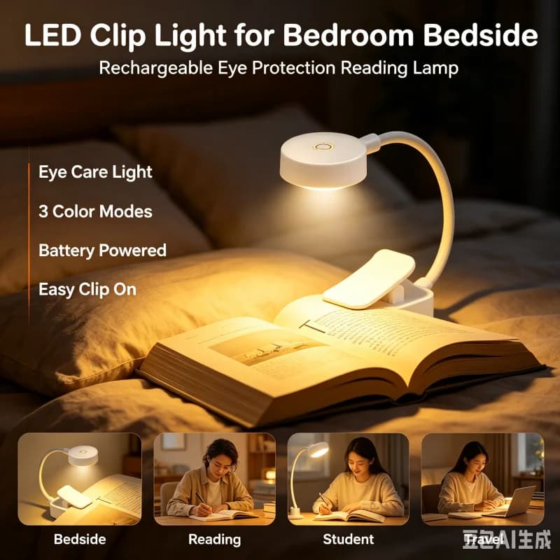 LED Clip On Book Lamp Rechargeable Night Light Portable Table Lamp 3 Color Lighting Modes For Reading Study Bedroom Bedside