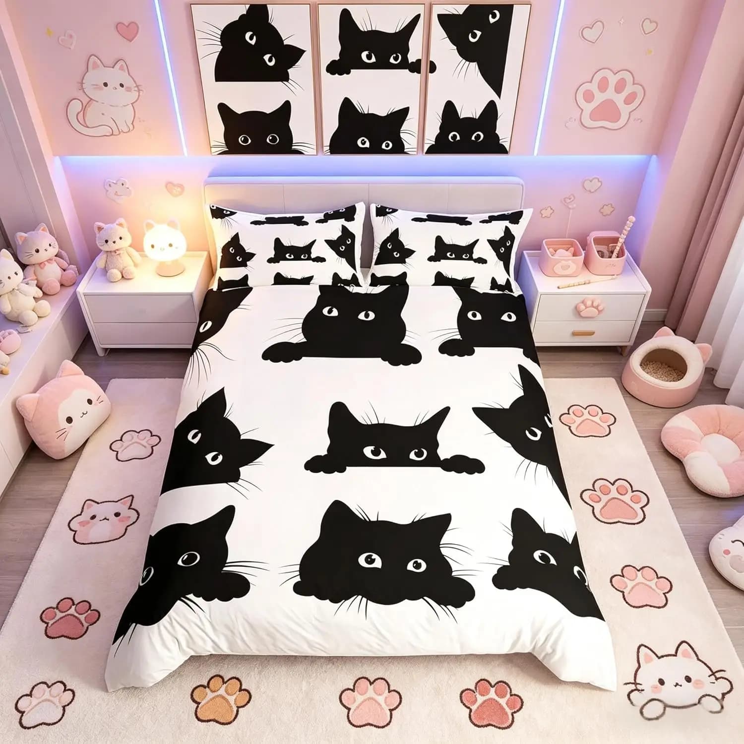 Black Cat Bedding Set Double Size White Cute Kitten Print Duvet Cover With 2 Pillowcases 3D Animal Comforter Cover