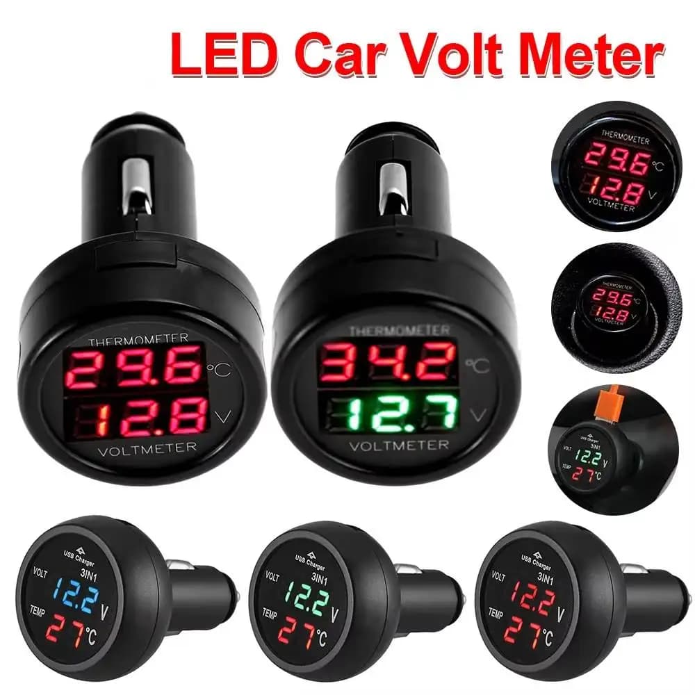 3 in 1 voltmetro per auto 12/24V voltmetro digitale per auto termometro caricatore di ricarica USB misuratore di corrente volt rilevatori per auto camion