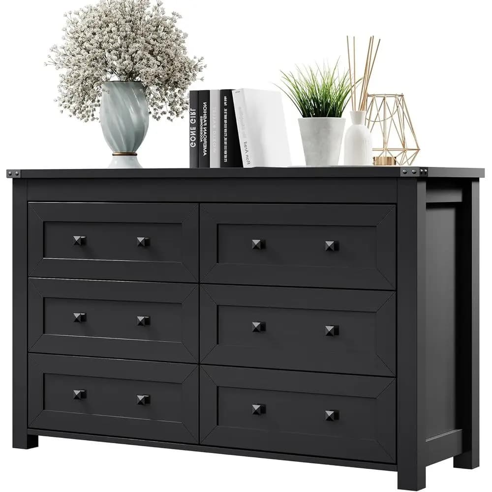 6-Drawer Bedroom Furniture Set with Wooden Chest, Metal Handle Storage Solutions for Living Spaces and Hallway, Black