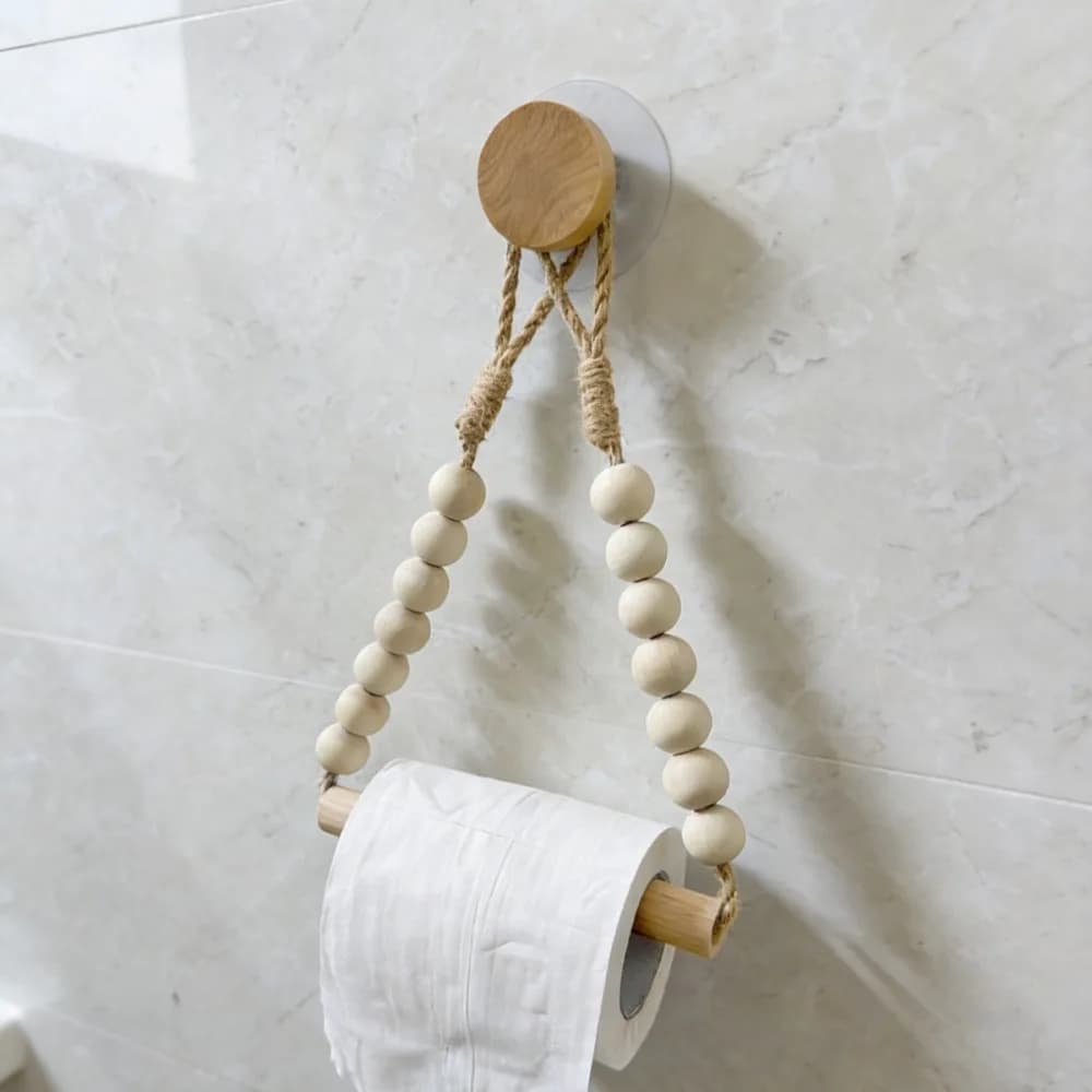 Portarotolo di Carta Igienica in Legno con Corda di Canapa e Perline, Senza Foratura, con Gancio Autoadesivo, Accessori Bagno, 1 Pezzo