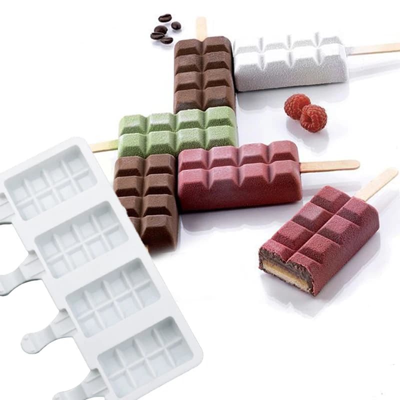 4 Cells Ice Cream Moulds Grid Texture Silicone Ice Cream Moulding Succo Ice Cube Tray Wooden Ice Baton Ice Cooking Tools