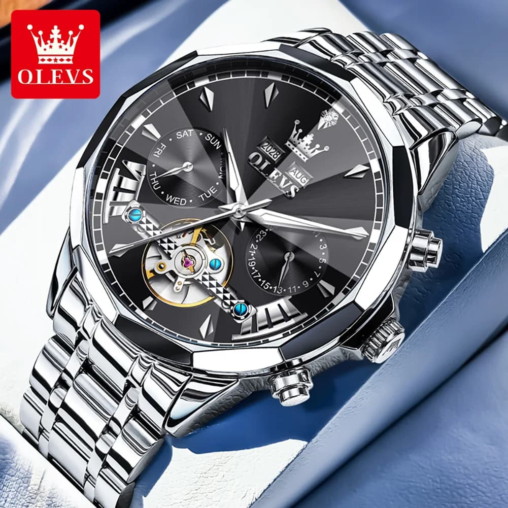 OLEVS 6619 Top Orologio automatico da uomo Rombo Specchio Calendario Impermeabile Scheletro luminoso Orologio meccanico da uomo multifunzionale