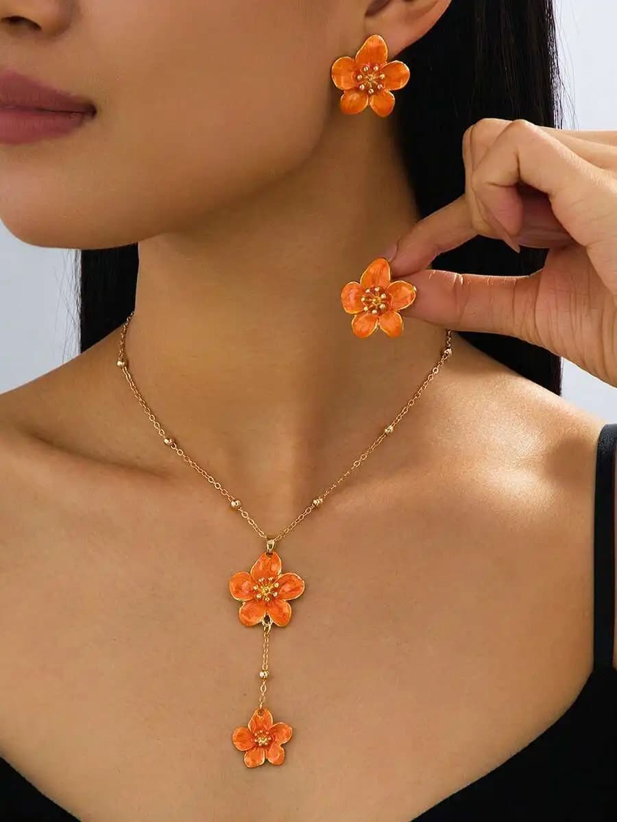 Handmade Orange Five-Petal Flower Pendant Necklace And Earrings Set For Women
