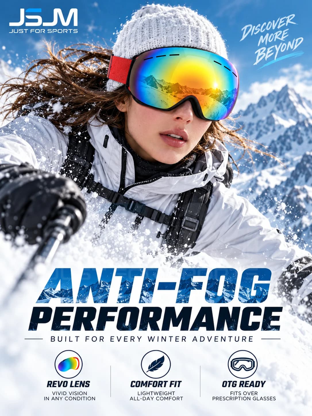 JSJM Professional Adult Ski Goggles UV400 Anti-Fog Double Layer REVO Lens Snowboard Glasses Wide Vision for Men Women XMAS Gifts