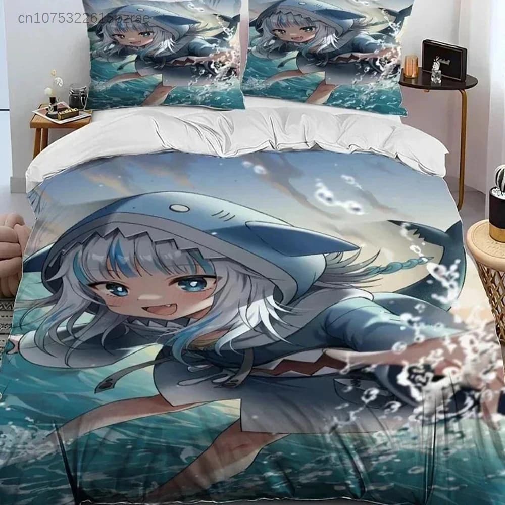 Cute Gawr Gura Hololive Anime Shark Bedding Set Printed Bed Set With Pillowcase Duvet Cover Soft Queen King Size Bedclothes Home