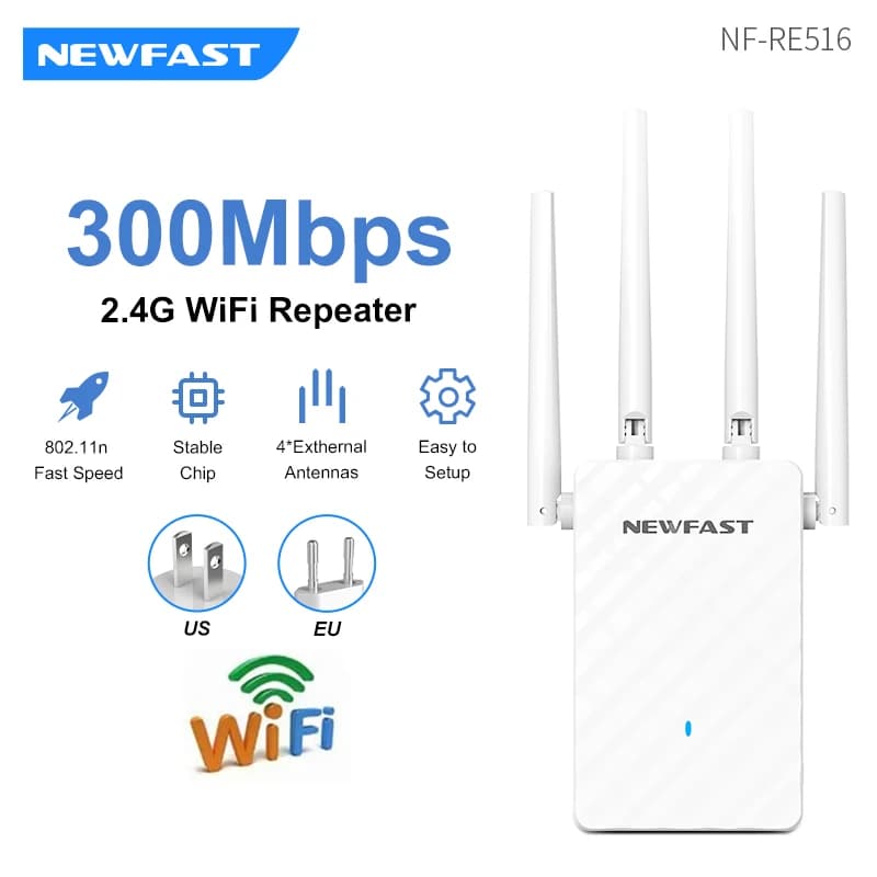 Nuovo Ripetitore Wi-Fi Newfast 300Mbps, Router Estensore di Portata 2.4GHz, Amplificatore di Segnale Wi-Fi a Lungo Raggio con 4 Antenne 2dBi, Funzione AP