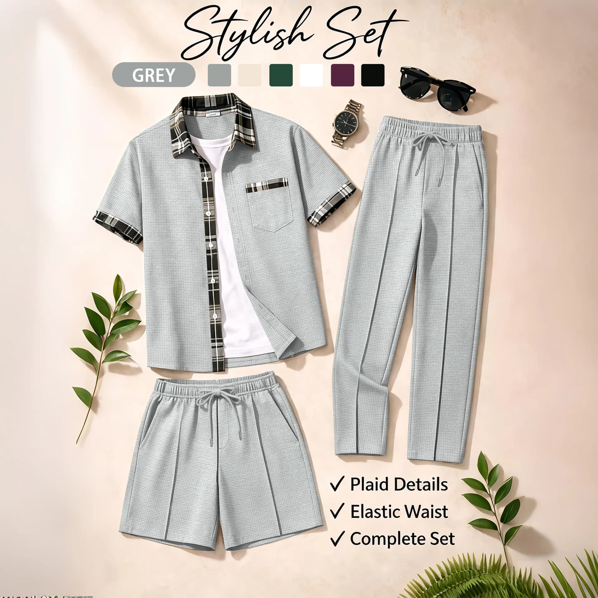 Tuta da uomo in maglia waffle a 3 pezzi | Set di camicia con bottoni e finiture a quadri, pantaloncini e pantaloni con elastico in vita | Outfit casual ed elegante per