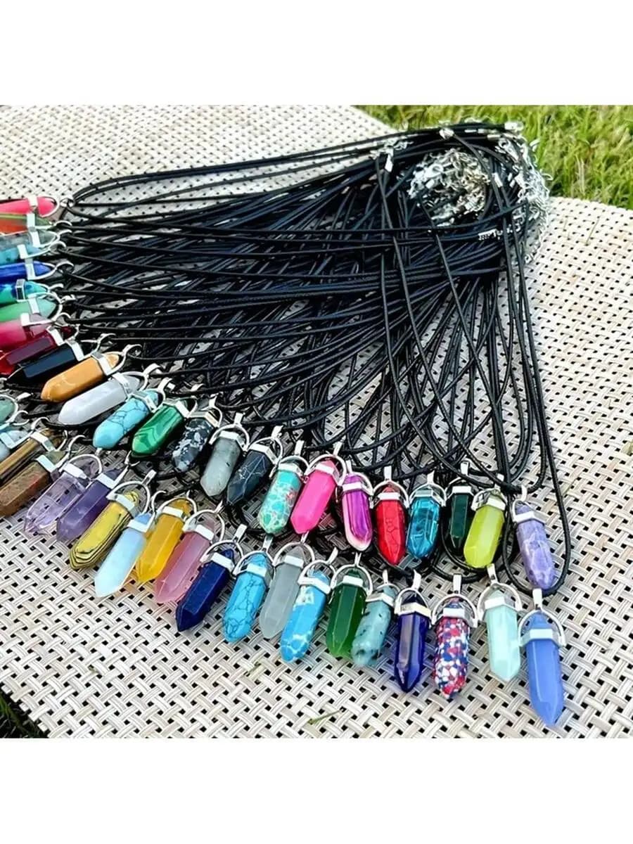 Multi-Color Crystal Pointed Chakra Pendant Necklace With Black Leather Chain