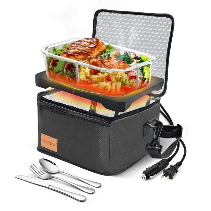Scaldavivande portatile a microonde, lunch box elettrico da 80W con borsa termica e utensili, 12V 24V per auto e camion, e 110 220V per casa e ufficio