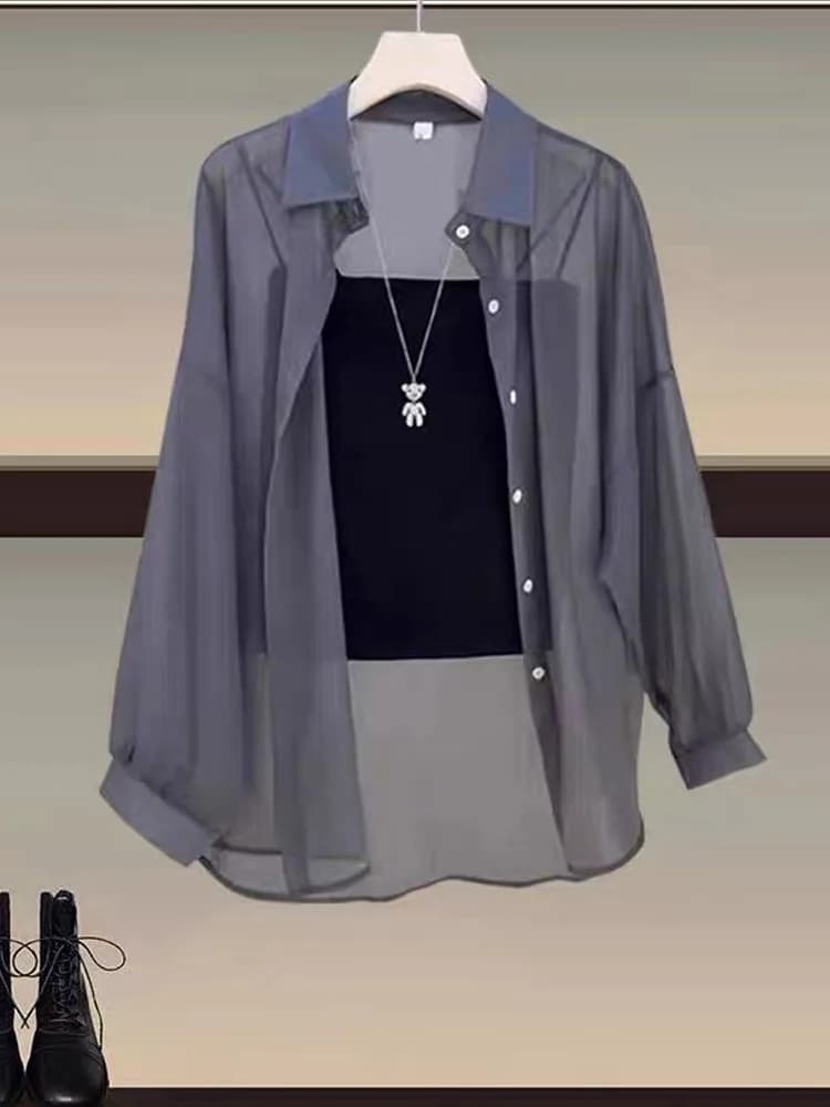 Gray Ice Silk Sun Protection Shirt Jacket Women's Summer Thin Large Size Fat MM Shirt Outerwear Top Mid-Length Casual Style