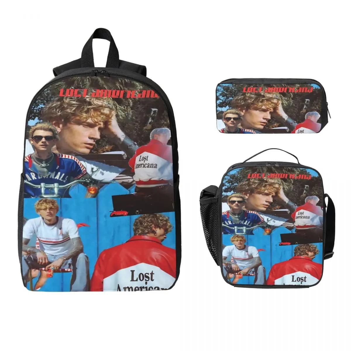 MGK Lost Americana Tour 2025-2026 Set di borse da scuola per ragazzo e ragazza Scatole per matite Set di zaini con portapranzo per zainetto scolastico