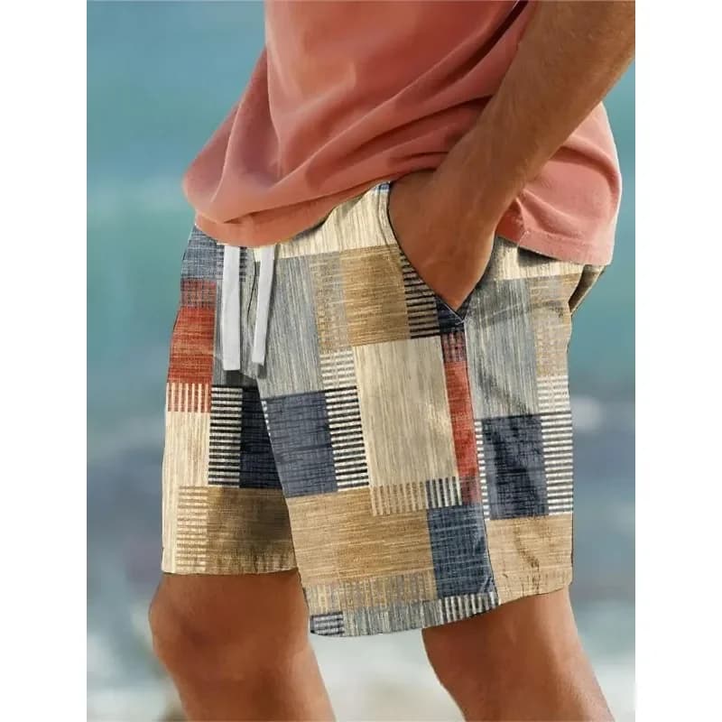 Pantaloncini da spiaggia da uomo con motivo geometrico stampato in 3D, costume da bagno elasticizzato con coulisse in stile hawaiano per le vacanzejv
