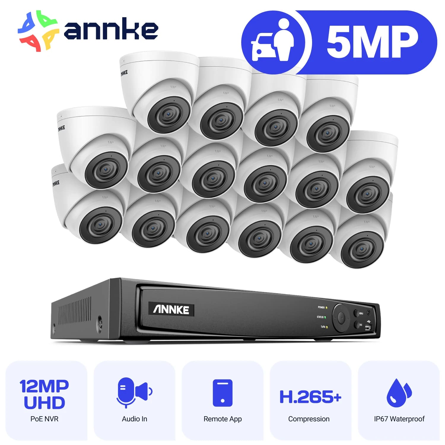 ANNKE 5MP POE Video surveillance system 16CH H.265 + NVR 5MP Security cameras CCTV Cameras Audio recording kit set outdoor camera
