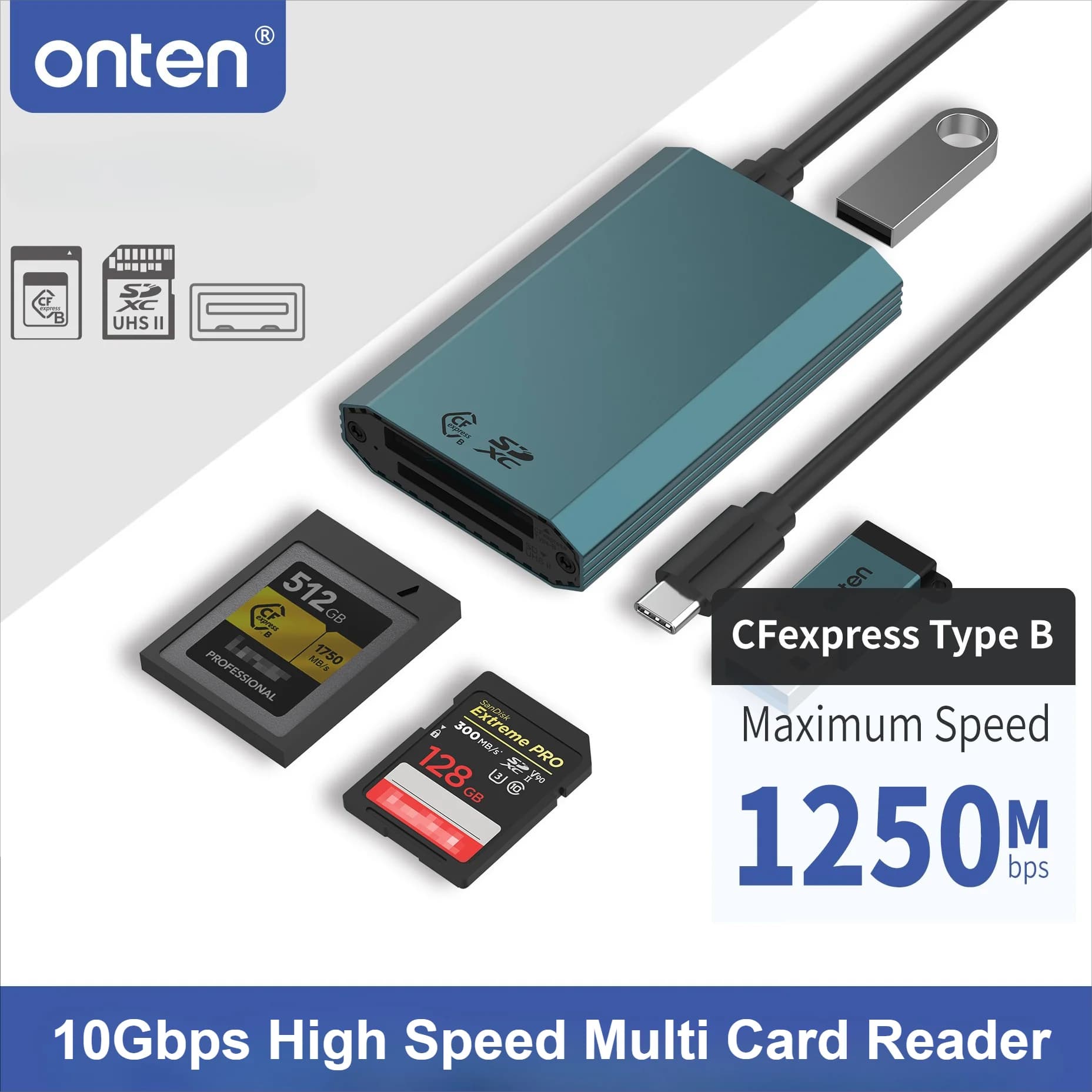 Lettore di Schede ONTEN 10Gbps ad Alta Velocità USB3.2 Gen2 SD4.0 Multi CF SD TF, Adattatore Portatile Type-C per Fotocamera, Laptop, PC