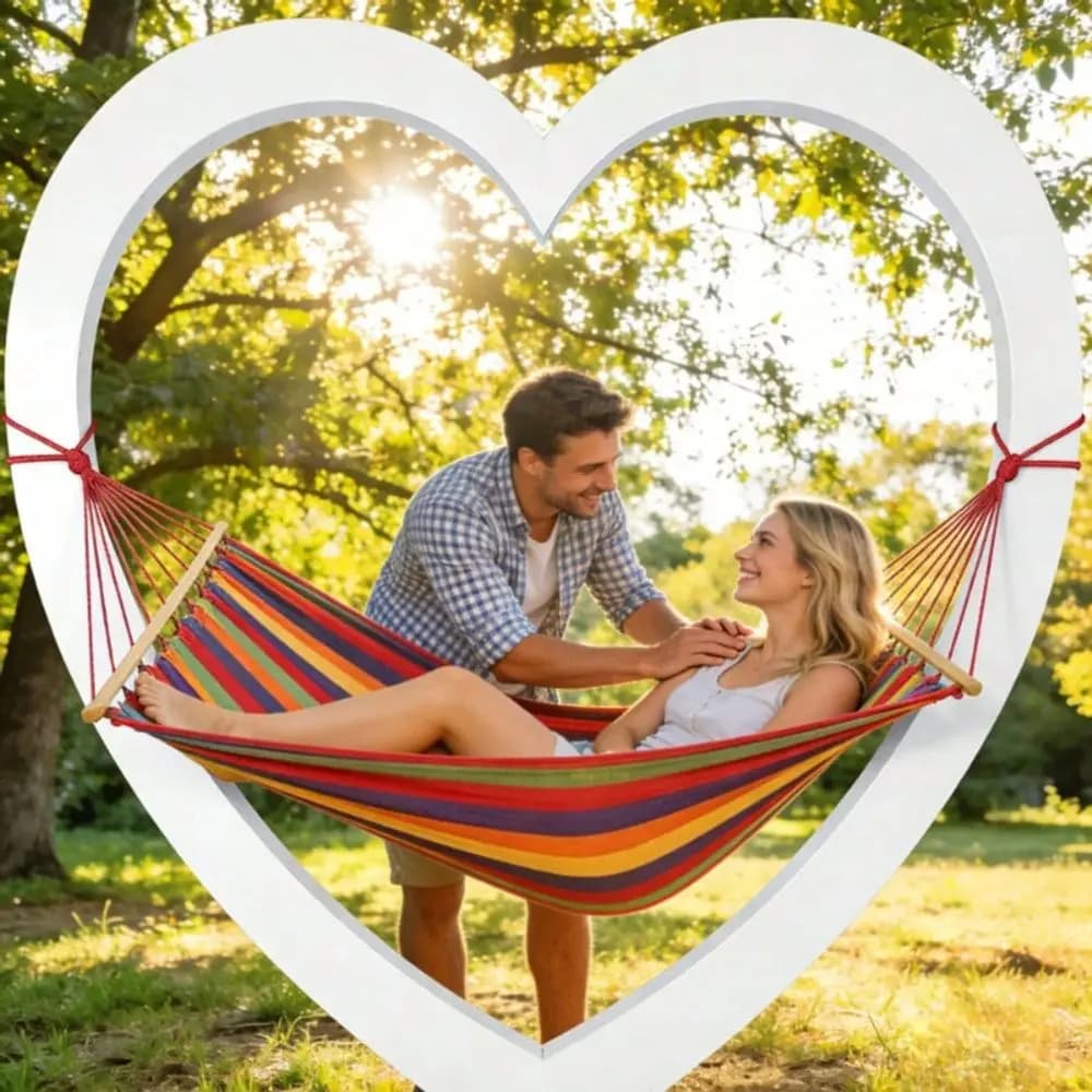 New Outdoor Hammock, Made Of Lightweight Canvas Material. Comes With Two Reinforced Ropes, Two Wooden Poles, Reinforced Metal R