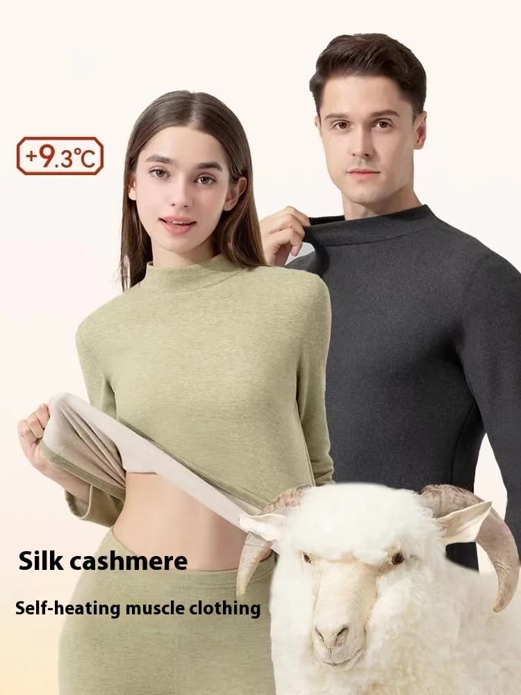 Women's and Men's Winter Goose Down Thermal Long Underwear Set Cashmere Silk Half-turtleneck Warm Thick Women's Pajama Set