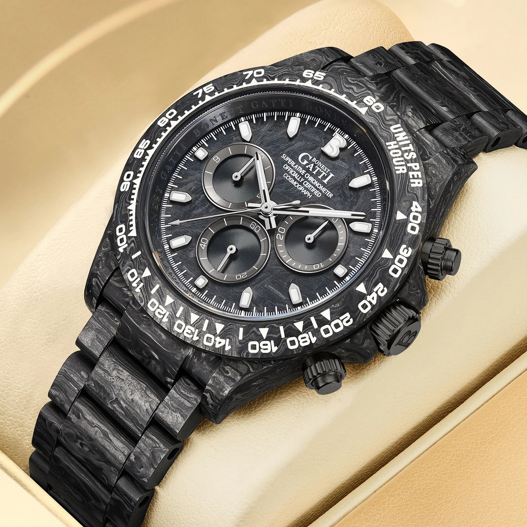 BONEST GATTI Men Chronograph Watch 41mm Automatic Mechanical Wristwatch Carbon Fiber Case & Strap Waterproof Luminous Sapphire