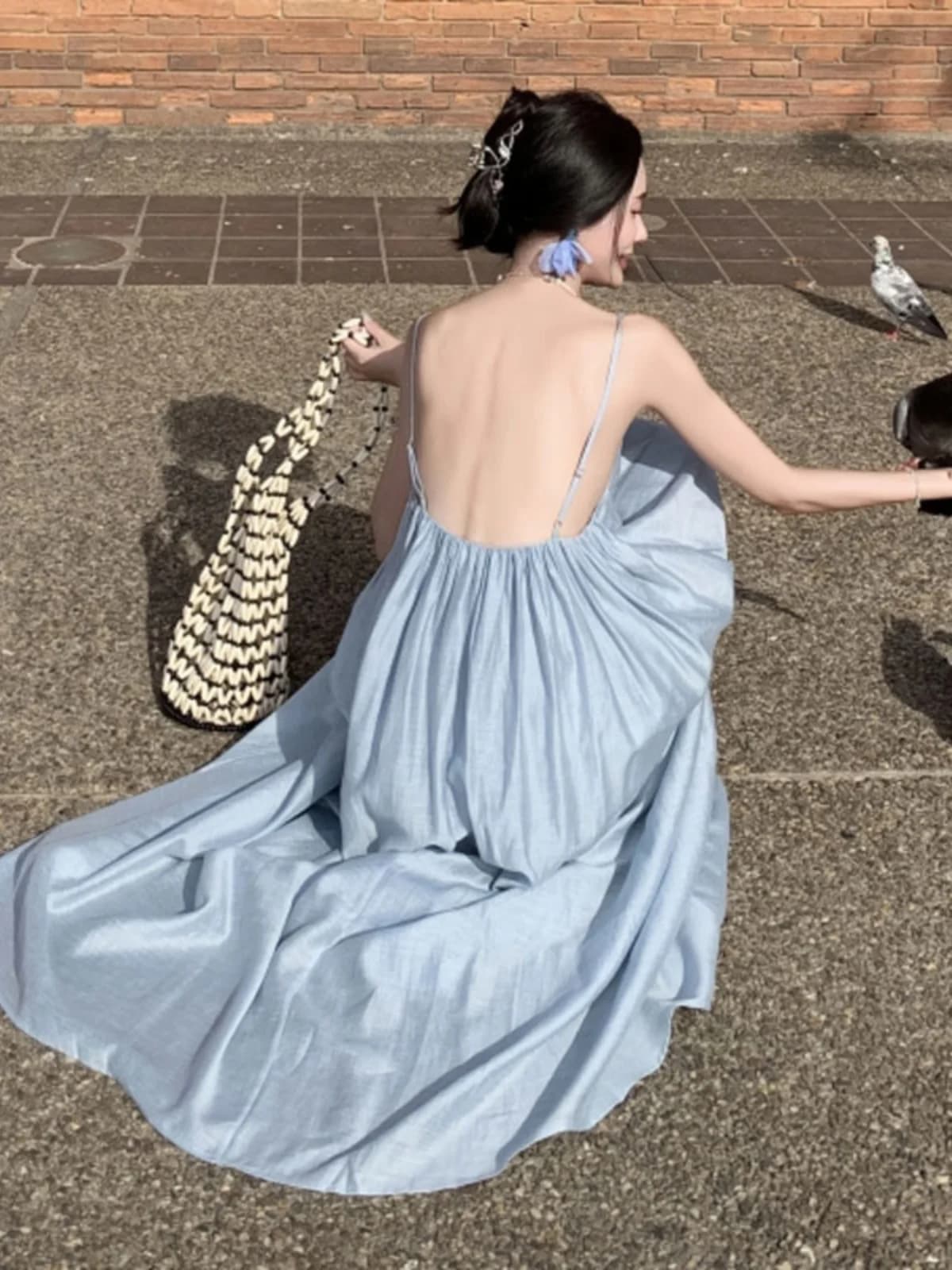 Blue summer long dress without shoulder straps and without back, beach style, high waist, cotton, casual, for woman