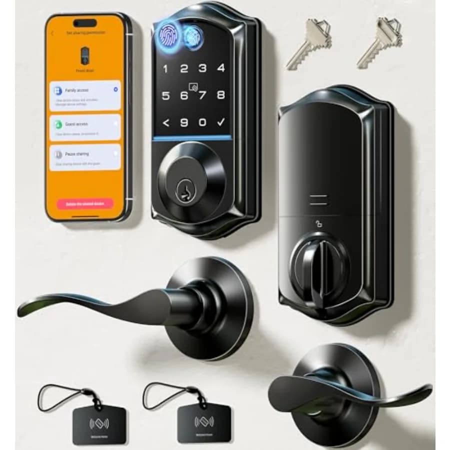 VE017-L Serratura Intelligente con Impronta Digitale e Maniglie a Leva, Controllo Tramite App, Ingresso Senza Chiave, Set Serratura per Porta Anteriore con Tastiera Digitale Elettronica