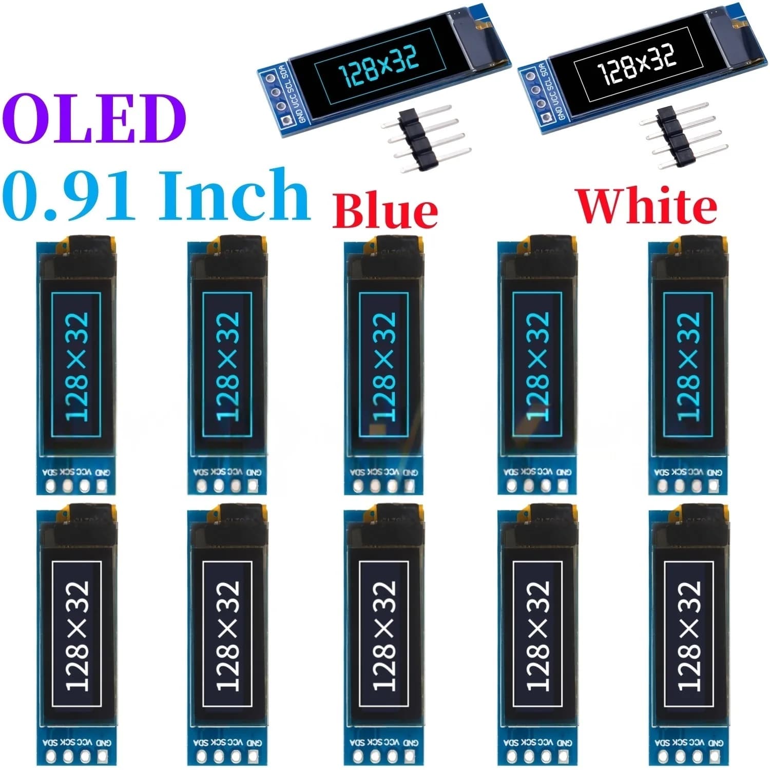 XZG 1-20 Pezzi Display OLED LCD Bianco/Blu da 0,91 Pollici 128x32 IIC I2C Modulo Fai-da-Te con Driver IC SSD1306 DC 3,3V 5V per Arduino