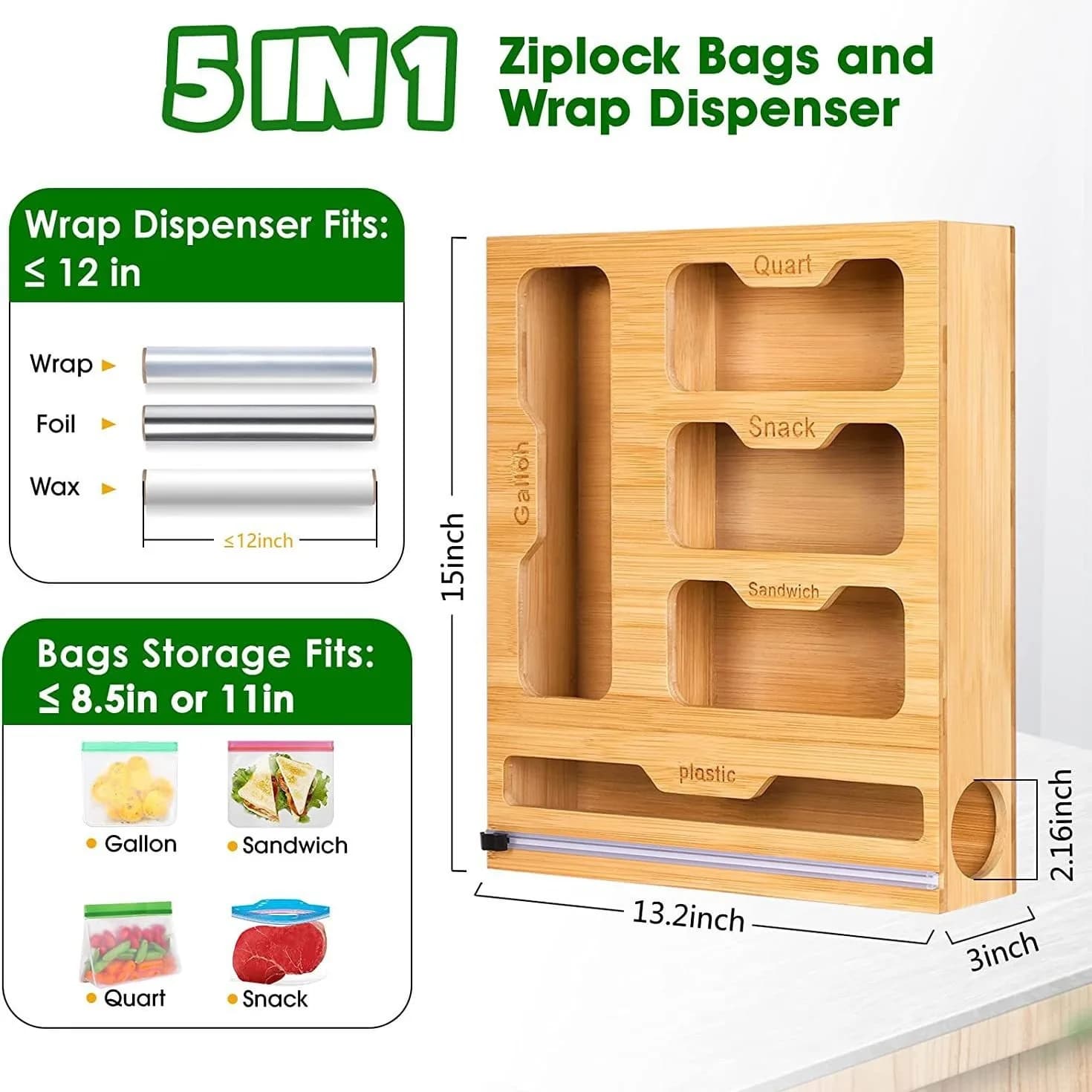 Bamboo Ziplock Food Bag Holder Compatible Wall Storage Racks Kitchen Storage Shelf Plastic Wrap Organizer Dispenser With Cutter