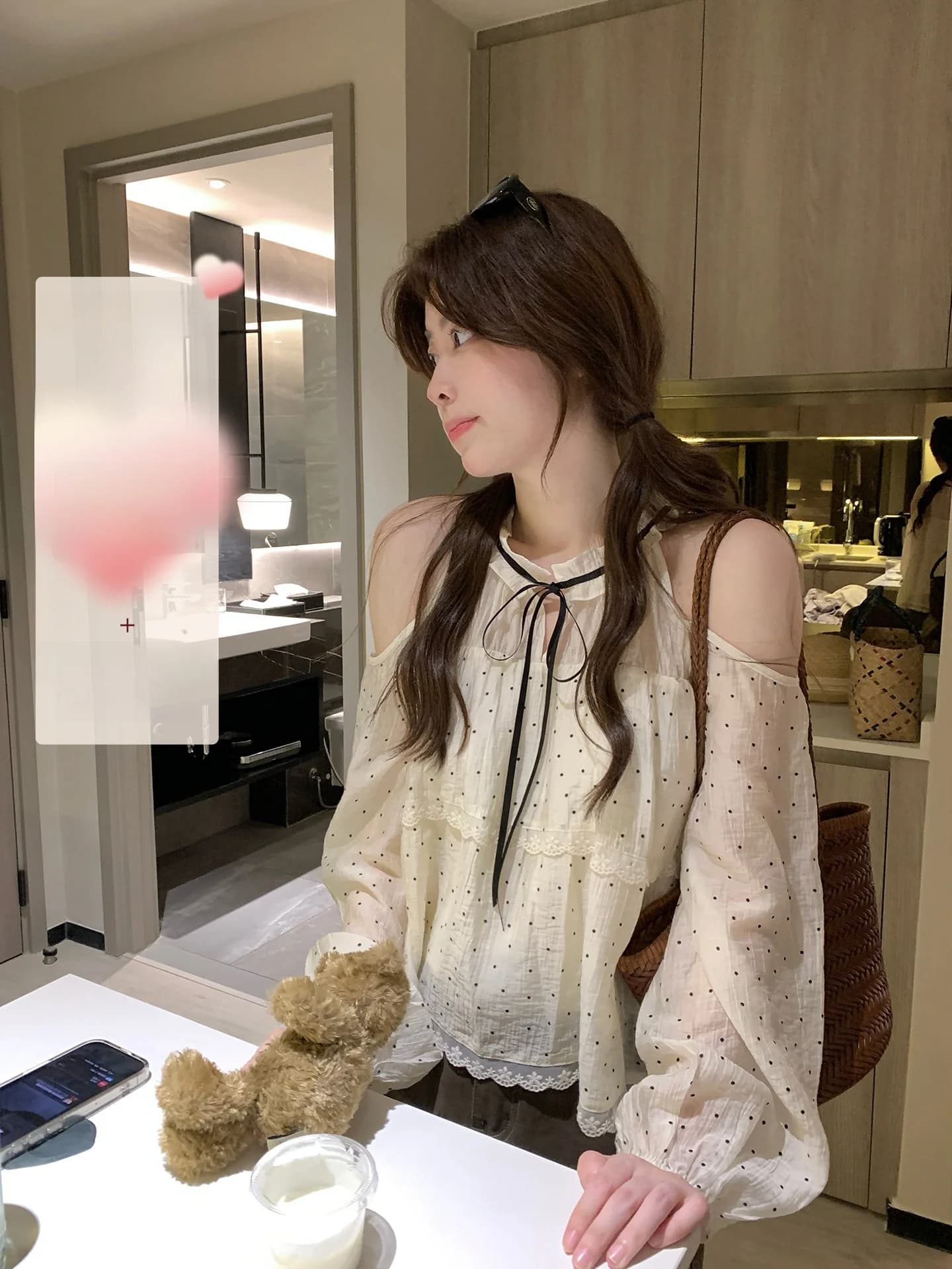 PtonUmi Maglietta a Pois con Spalle Scoperte Stile Coreano da Donna, Top Estivo Morbido con Maniche a Bolla