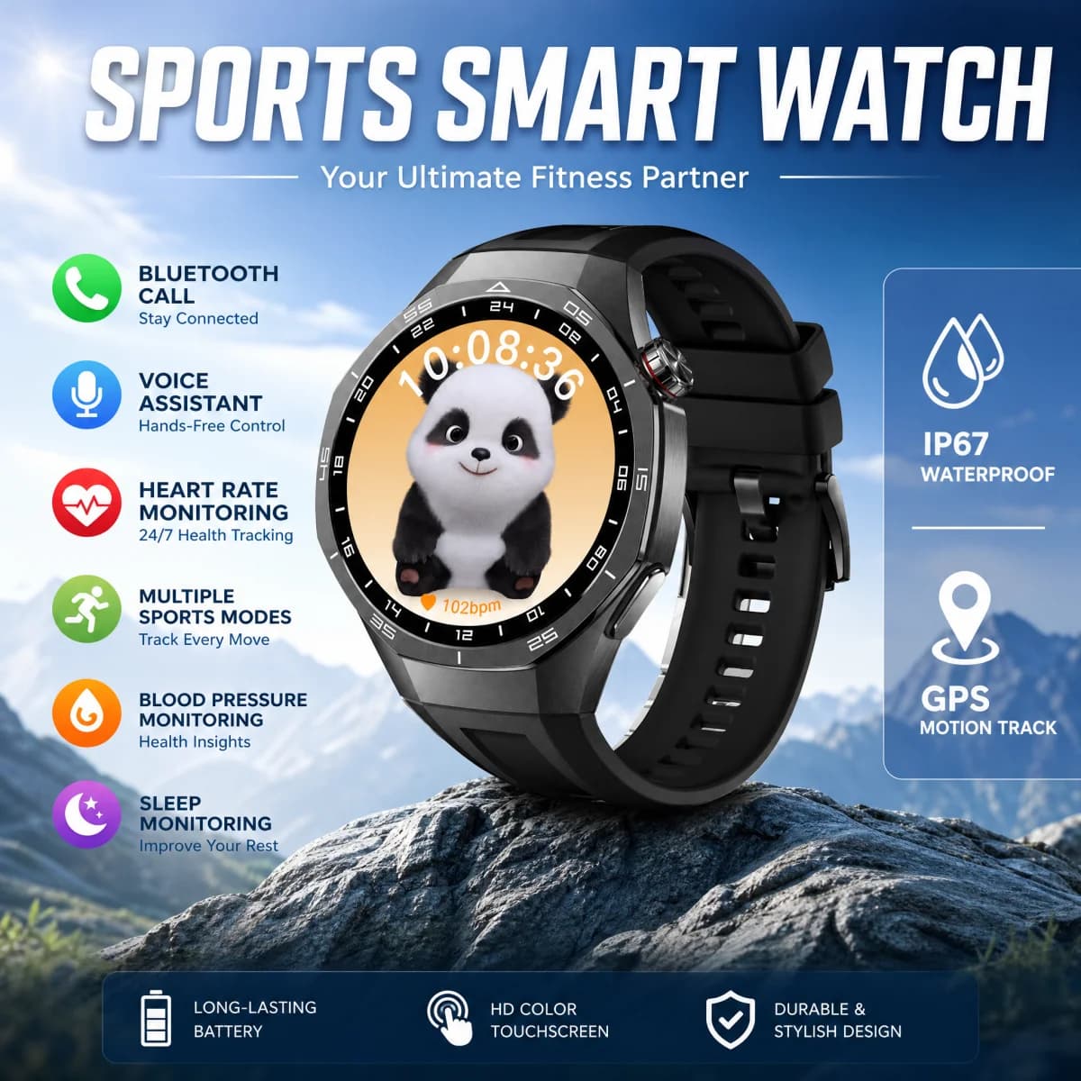 2026 smart watch5 bluetooth call long battery life for men blood pressure/oxygen monitor 100+sports modes smartwatch for phone