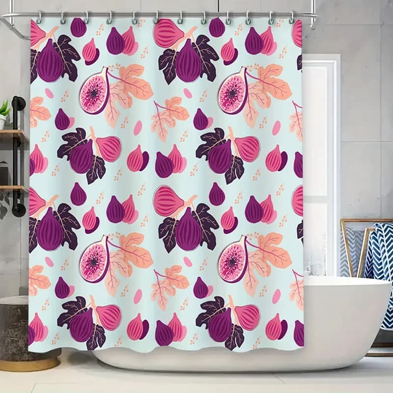 Elegante tenda da doccia con frutta con foglie di fico in rosa viola per l'arredamento del bagno, tessuto impermeabile ad asciugatura rapida