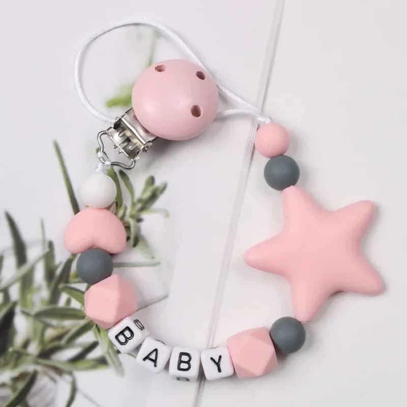 Nome personalizzato Clip per ciuccio fatte a mano per bambini catena per dentizione sicura in Silicone Clip per ciuccio per capezzoli con stella pentagonale per neonati