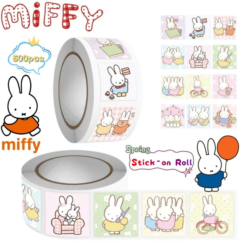 Miffy 500pcs Roll Sticker High Color Value Cartoon Cute Printing Student Water Cup Hand Book Diy Graffiti Waterproof Sticker