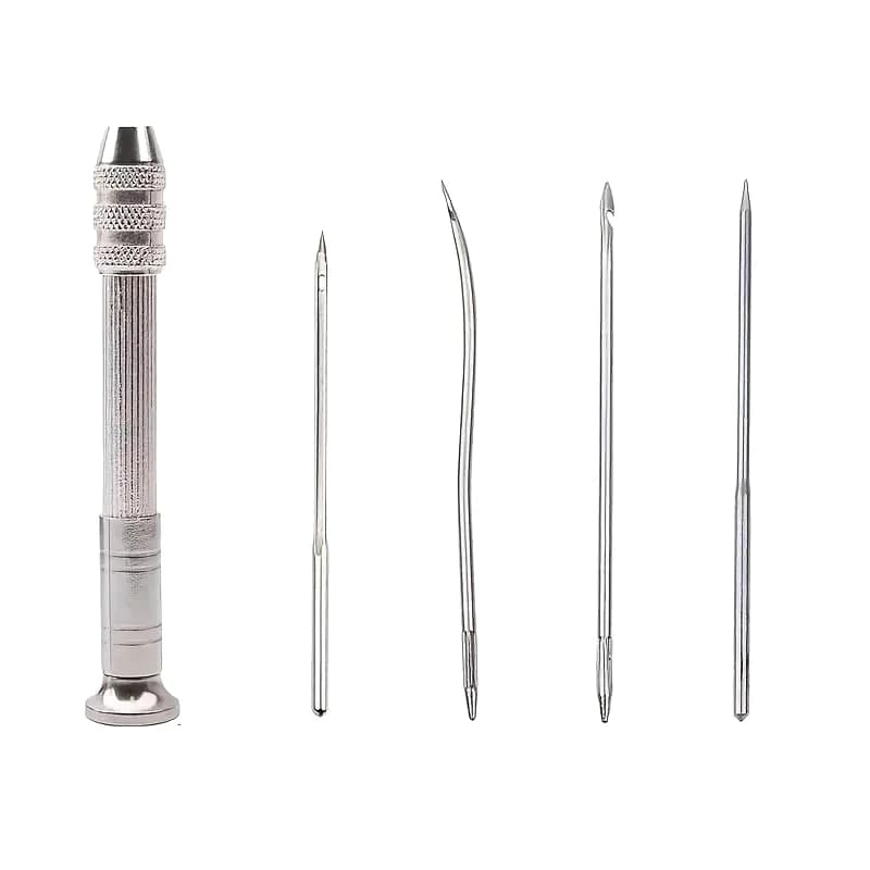 Leather sewing needles kit, set contains a sewing punch in silver leather, 4 needles suitable for skin, canvas and curtains.