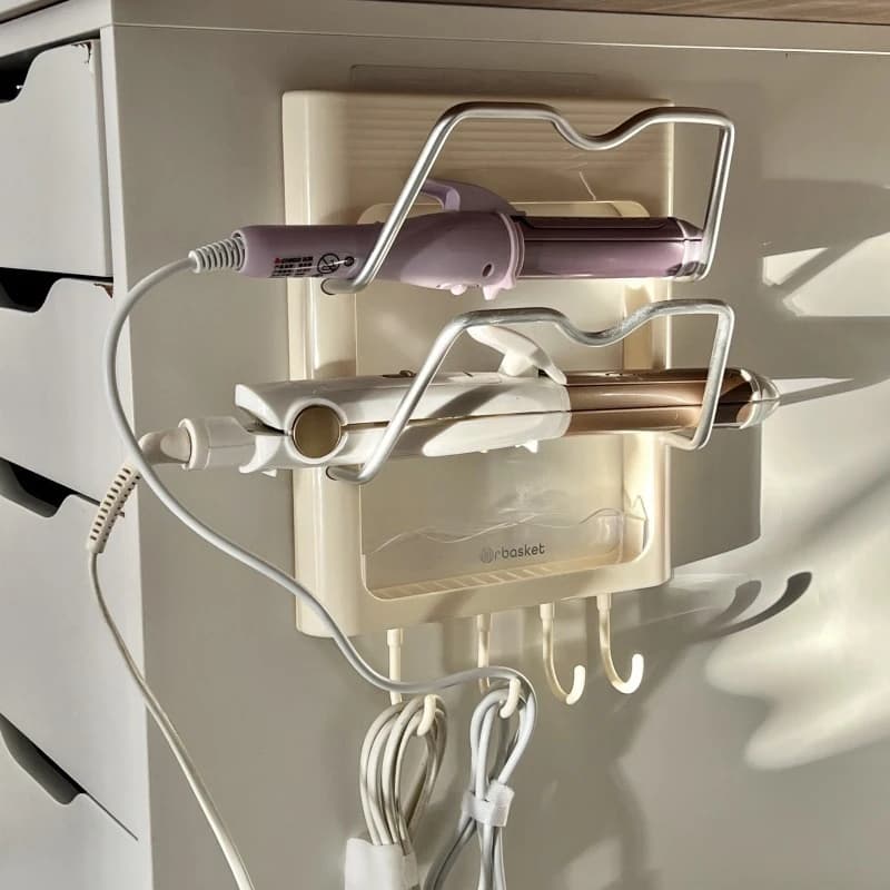Multi-Functional Storage Rack Wall Mounted Hair Dryer Holder Curling Iron Holder Hair Styling Tools Organizer With Shelf Hooks
