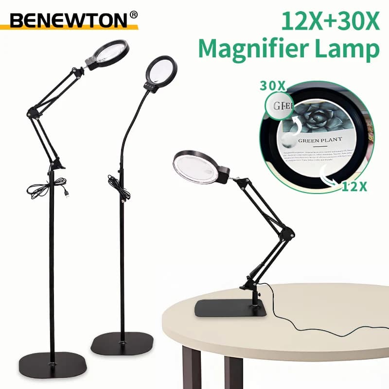 Lampada da Terra Pieghevole con Lente d'Ingrandimento LED 12X/30X, Illuminazione USB a 3 Colori Dimmerabile, per Saldatura, Riparazioni, Bellezza, Cura della Pelle, Artigianato
