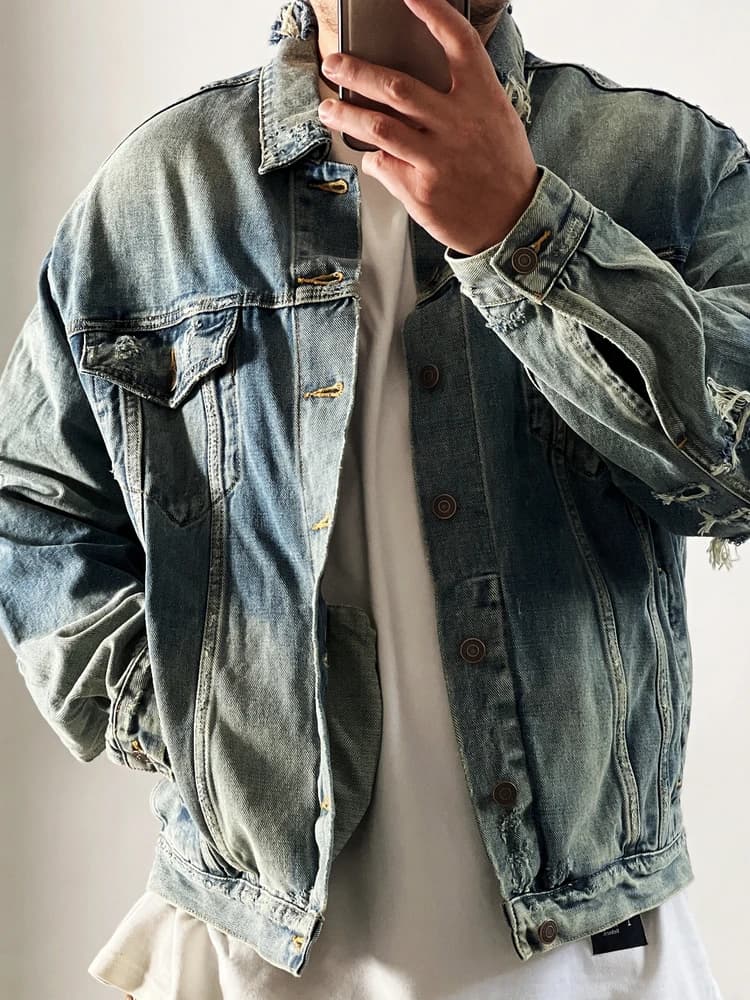 Vintage Distressed Patchwork Heavy Red Ear Denim Jacket Youth Vitality Style Cotton Long Sleeve Flip Collar Single Button