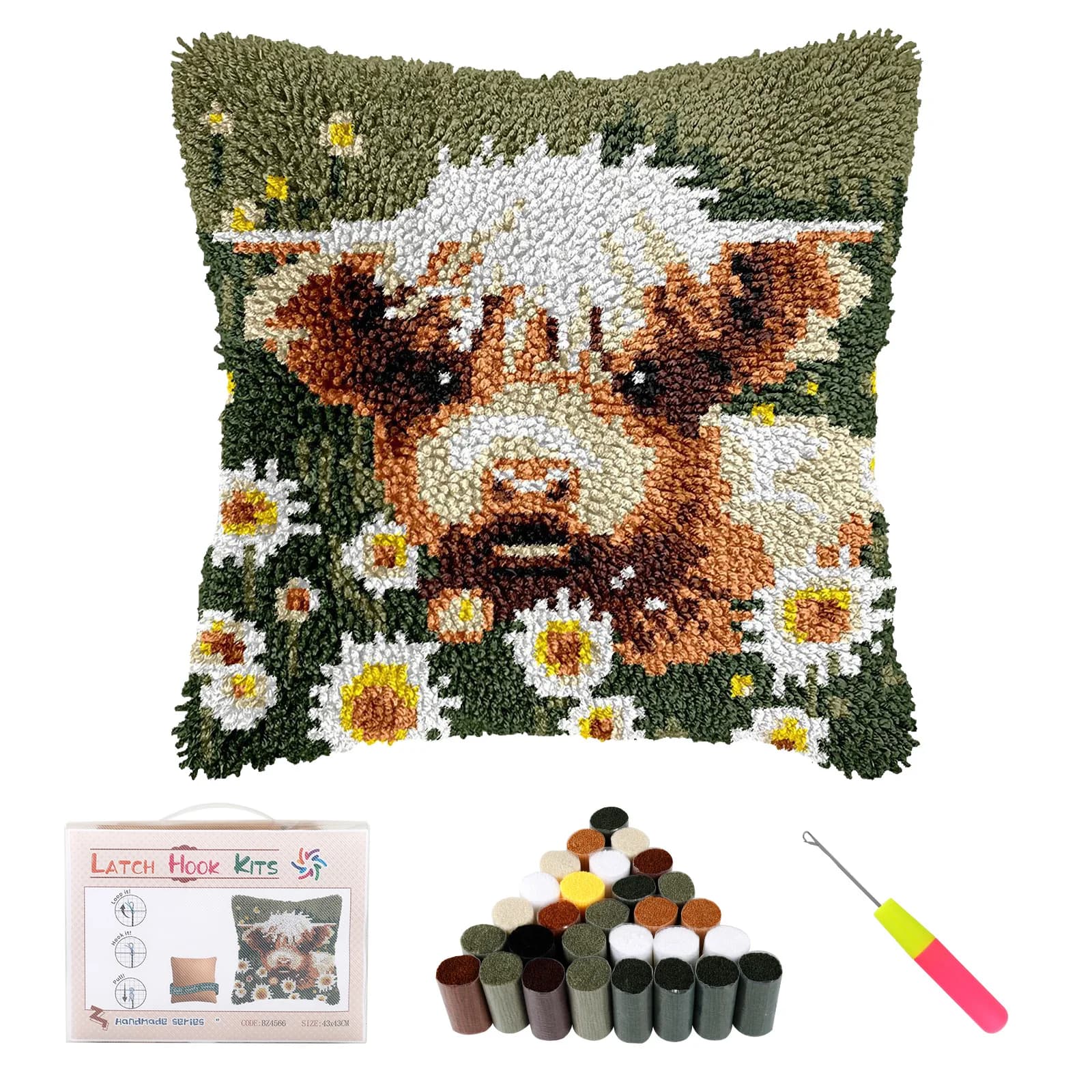 Latch Hook Pillow Kit DIY Animals Crochet Cushion Kit with Yarn and Hook Handmade Sectional Embroidered Pillowcase for Adults