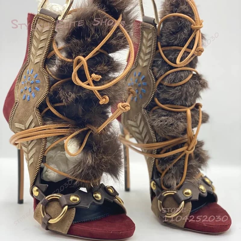 Redish brown boots wrapped in gray velvet rope Open leather suede with fringes Totem Print Cool Girl Shoes with wild lace heel