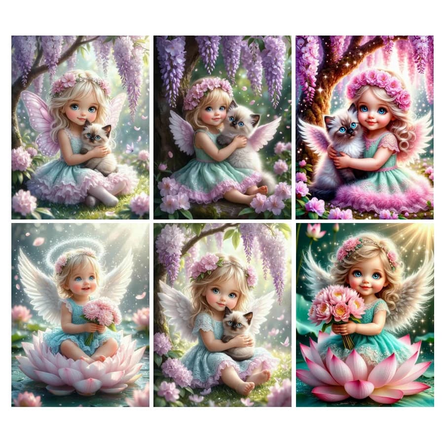 Diy Diamond Embroidery Cartoon Angel Girl and Cat Picture Diamond Painting Full Drill Cartoon Mosaic Cross Stitch Kit Wall Decor