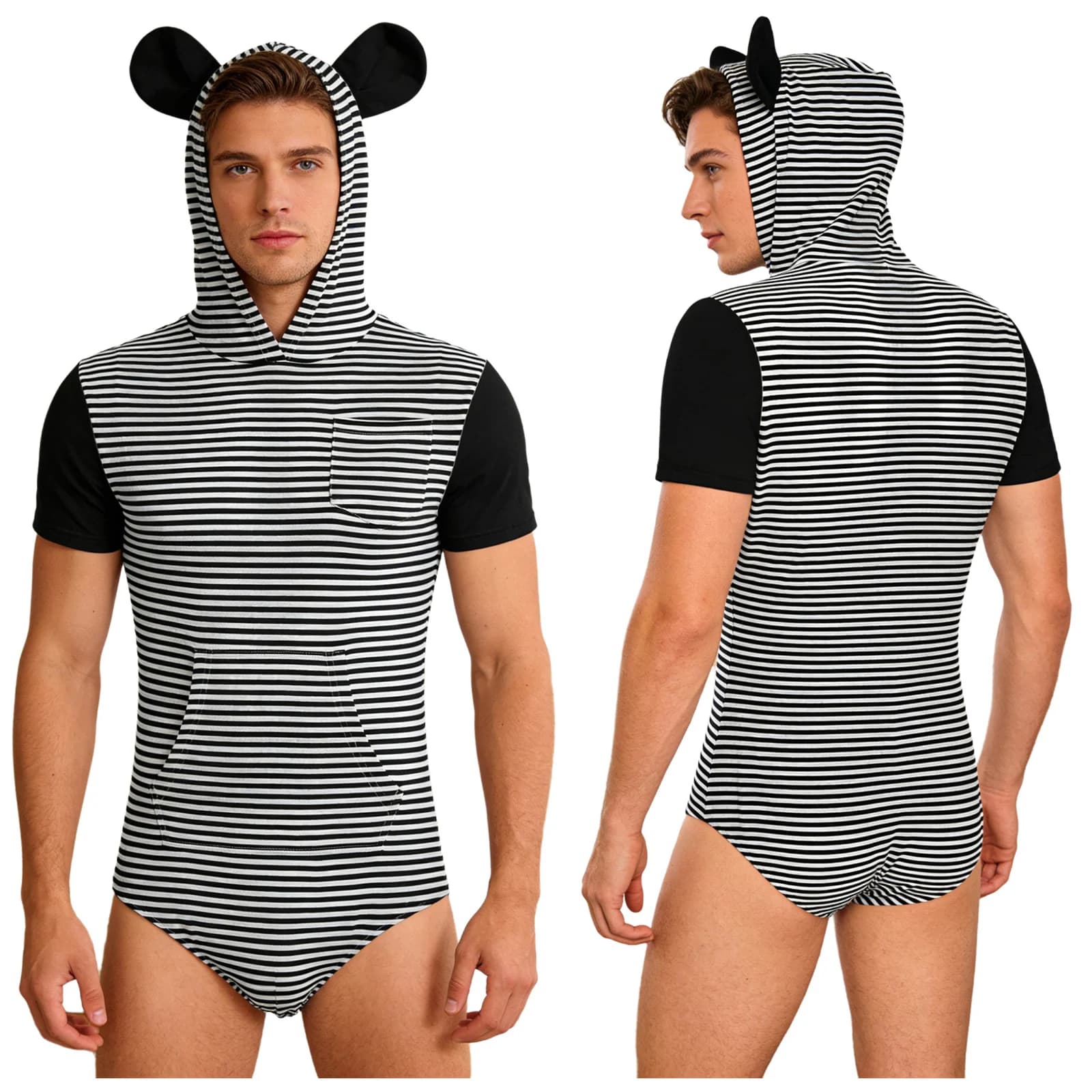 Pigiama Intero da Uomo con Cappuccio a Strisce, Orecchie da Orso, Maniche Corte e Bottoni sul Girovita - Body da Notte e Loungewear