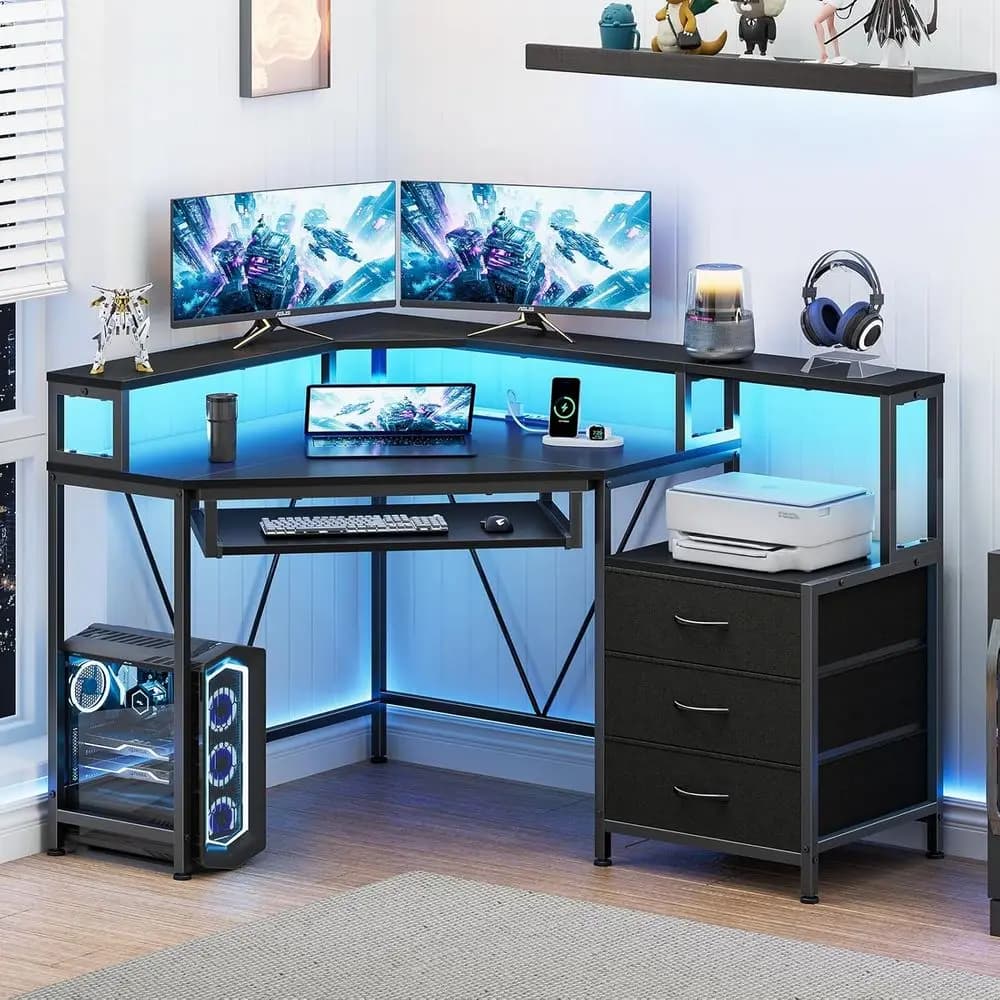 Compact Desk with Drawers, Gaming Features, Power Outlets, Printer Shelf, LED Lights, and Monitor Stand in Black for Small Space