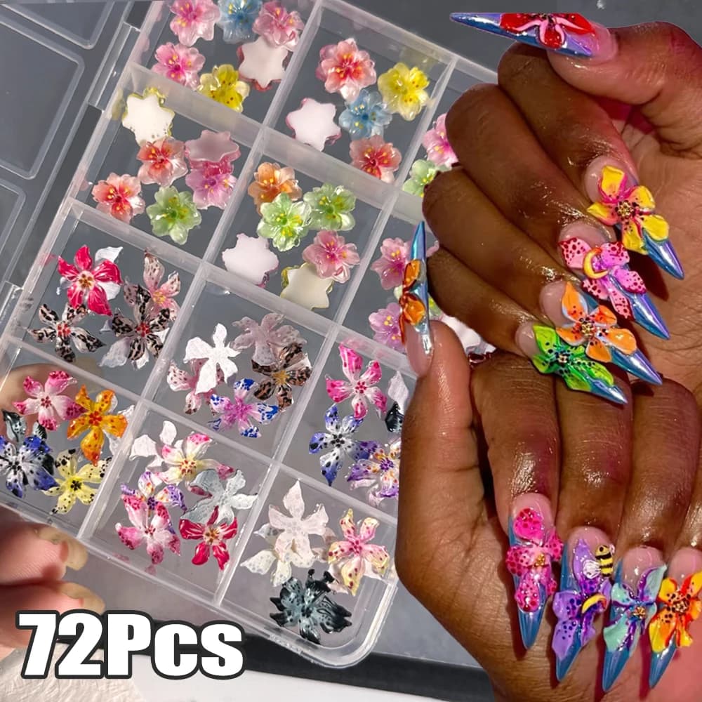 72 Pz/scatola 3D Sakura Giglio Morbido Macchiato Fiori Pendenti E Ciondoli Per Unghie Ghiaccio di Cristallo Gradiente Stampa Leopardo Fiore Del Chiodo Strass Manicure FAI DA TE
