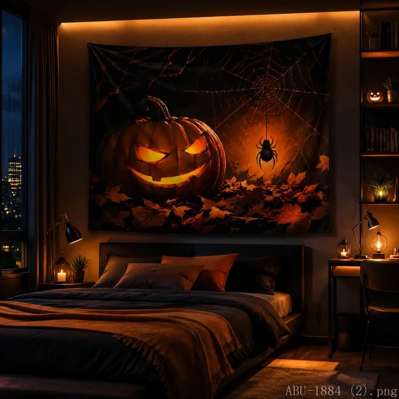 VIKAMA Dark Halloween Pumpkin Tapestry Big Spider Web Maple Leaf Autumn Night Wall Hanging Bedroom Dorm Holiday Decor Cloth