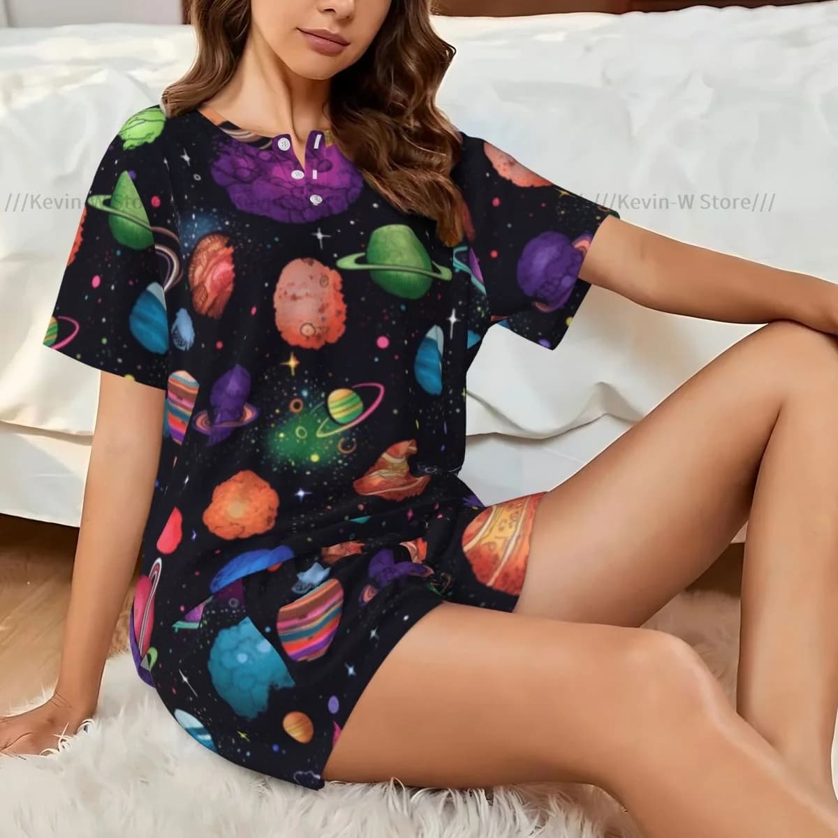 Pigiama da donna Set Pianeti Stelle Cometi e Galaxy Homewear Due pezzi a maniche corte