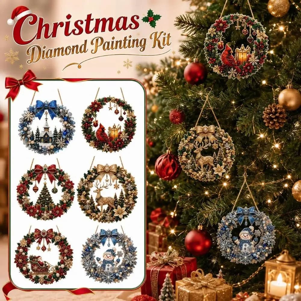 Acrylic Christmas Diamond Painting Kit Santa Unfinished Xmas Ornament Kit with Hanging Chain Xmas Wreath