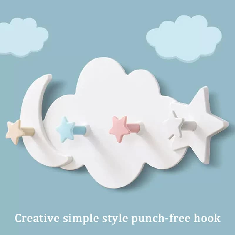 Multipurpose wall hanging hook for home, bathroom, bag, jewelry, bathroom ball holder, with 4 hooks, star design, moon and cloud, without drilling